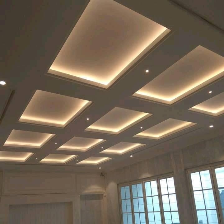 desain plafon drop ceiling menggunakan lampu LED Strip